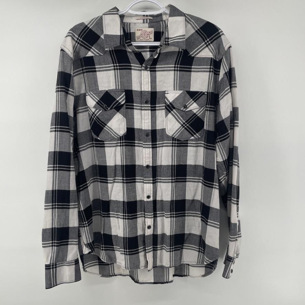 Lucky Brand Shirt Mens Large Black White Plaid Flannel Snap Front Long Sleeve